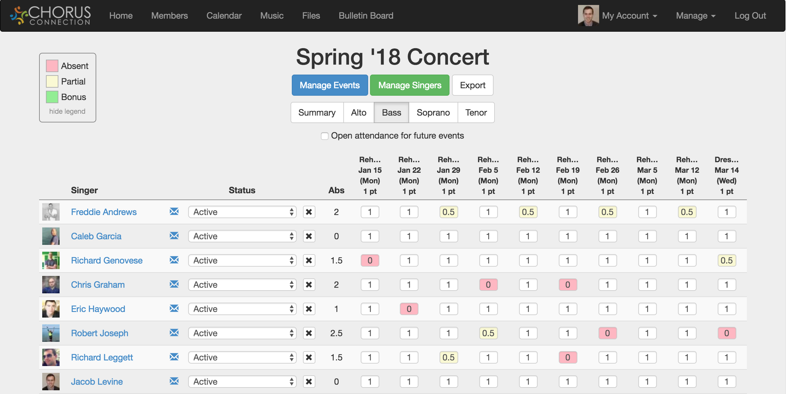 Chorus Connection Software - Attendance management feature