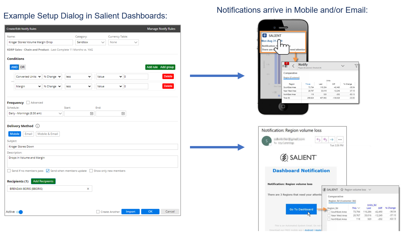 Mobile Notifications appear on mobile devices just like other notifications – immediately alerting users of a significant shift in performance.  Users can tap to see details and interact, drill to other sub-categories for further insight.