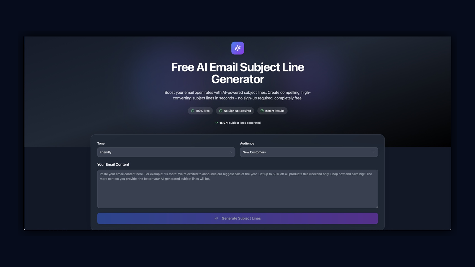 AI Subject Line Generator screenshot: AI Subject Line Generator interface