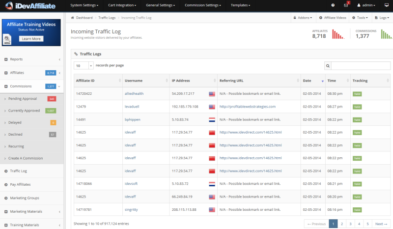 iDevAffiliate tracks affiliate IDs, IP addresses, and referring URLs for all incoming traffic