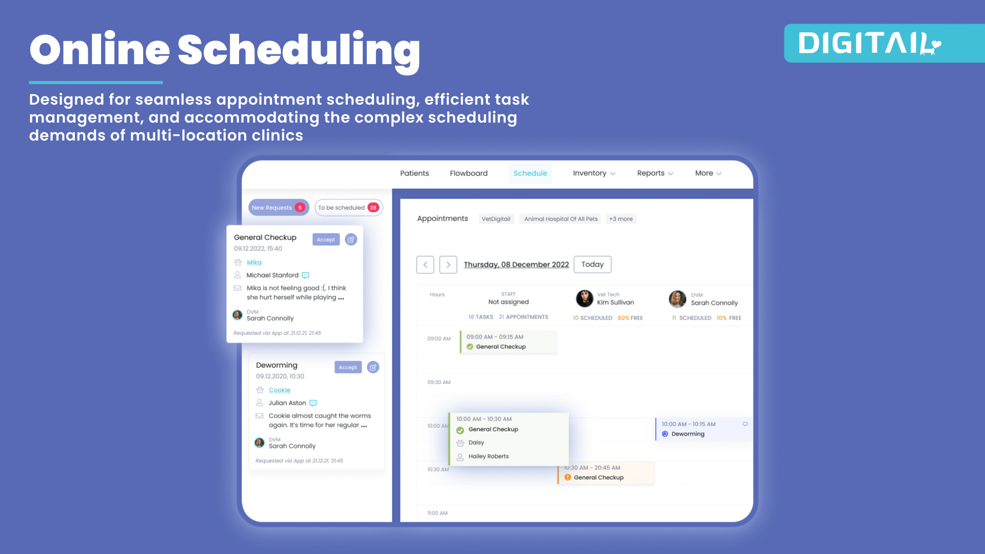 Digitail Software - Designed for seamless appointment scheduling, efficient task management, and accommodating the complex scheduling demands of multi-location clinics