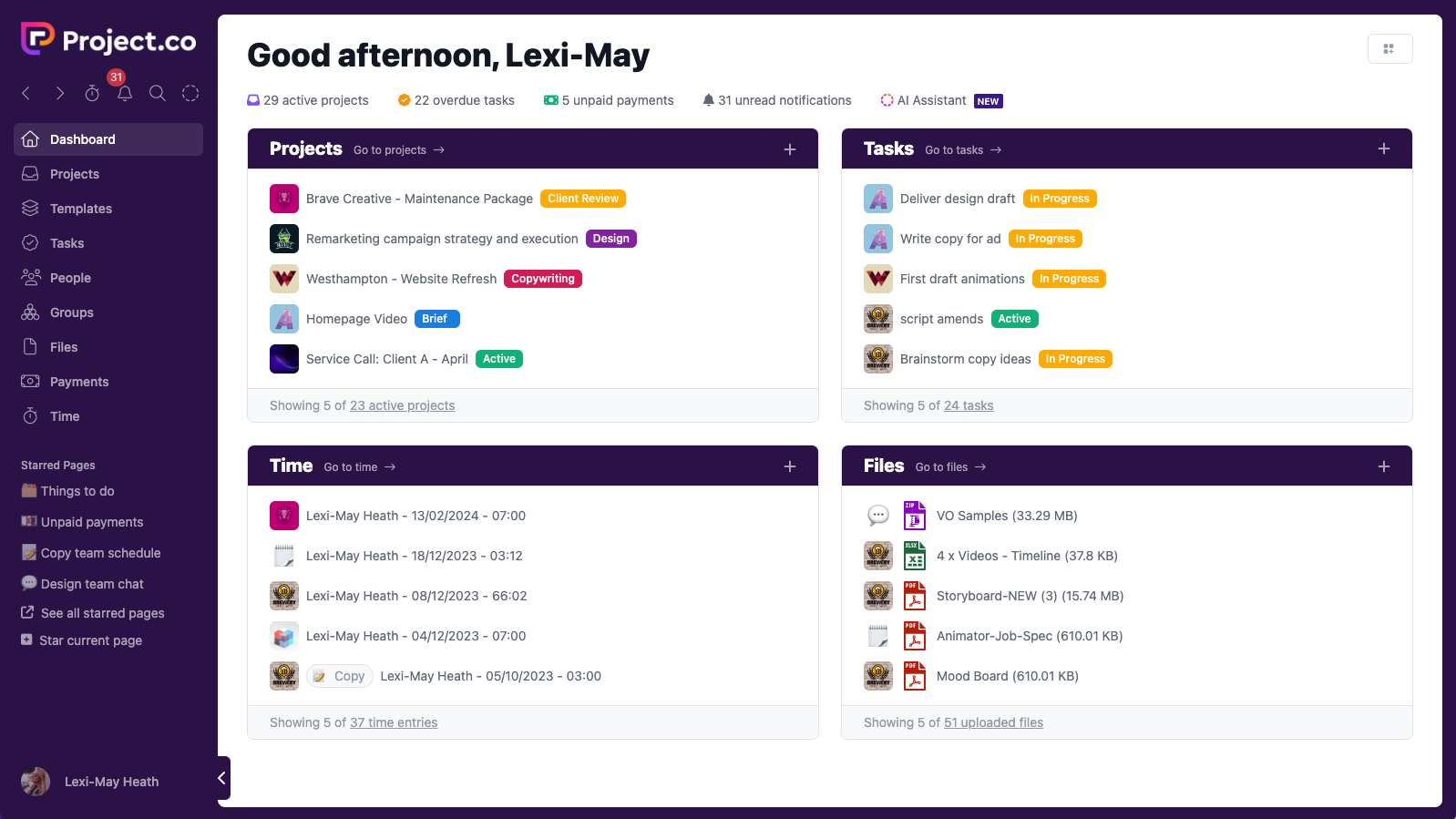 Project.co screenshot: Dashboard