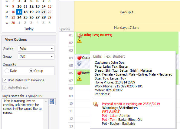 PetLinx Software - Manage your daycare bookings in either a daily or work week view, grouped by the daycare groups that you define. Be alerted to customers or pets with warnings or customers that are running low on credit.