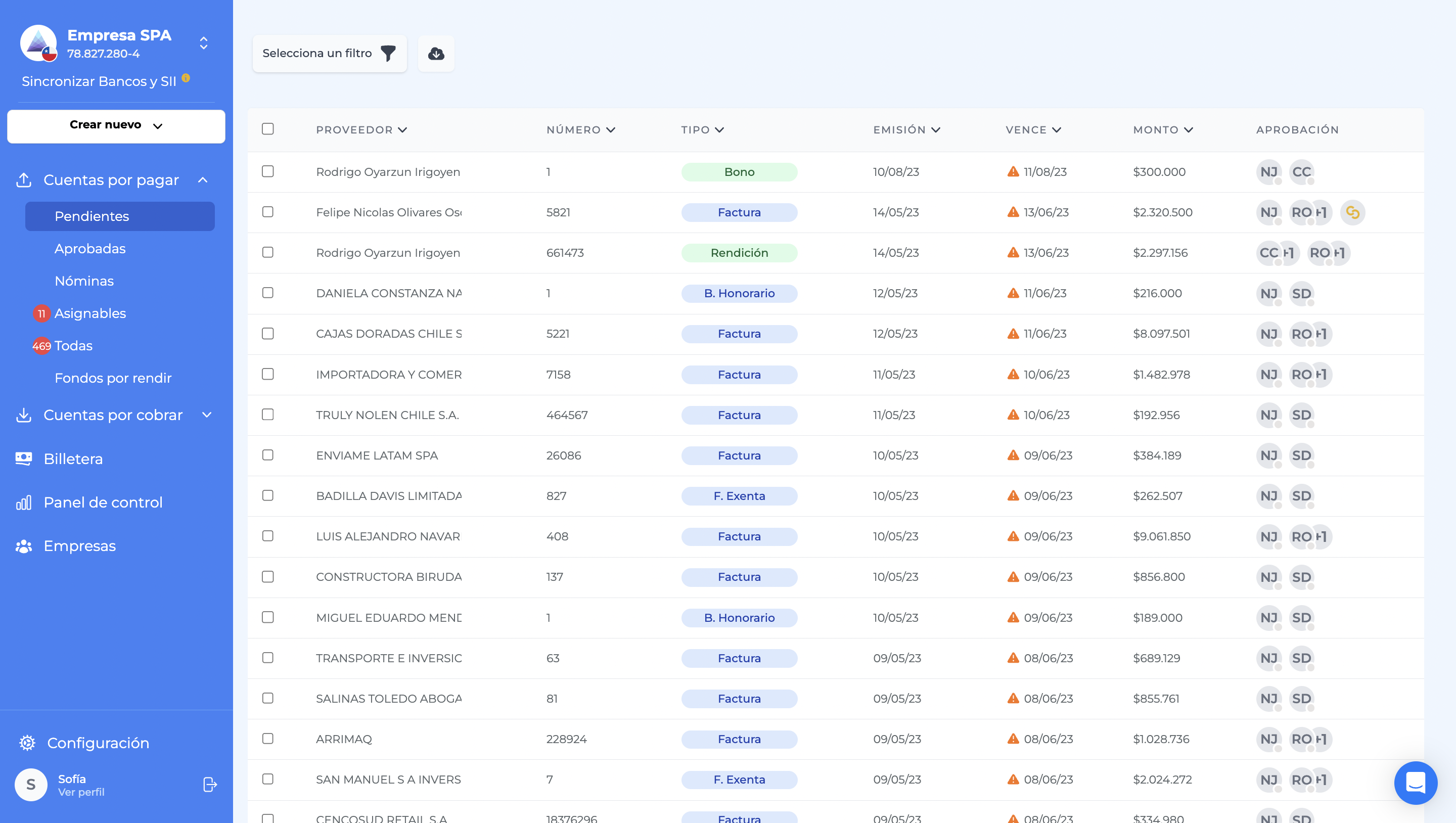 Bemmbo Software - View showing documents pending payment.