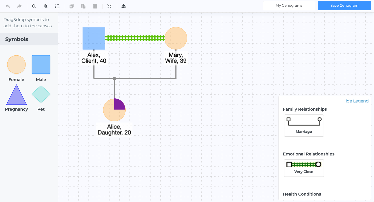 Easily discover toxic relationships with the intuitive drag&drop genogram builder