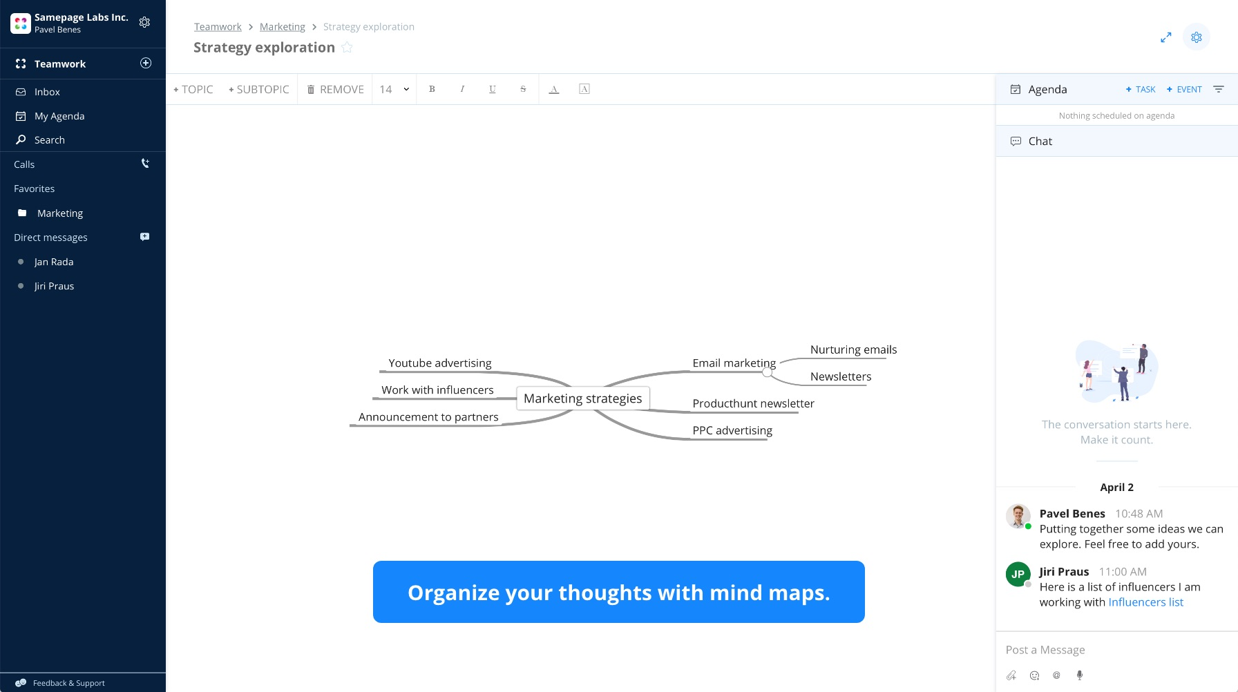 Samepage Software - Get most of your brainstorming sessions with mindmaps. Quickly write down all your thoughts, then assign tasks and share the document with anyone.