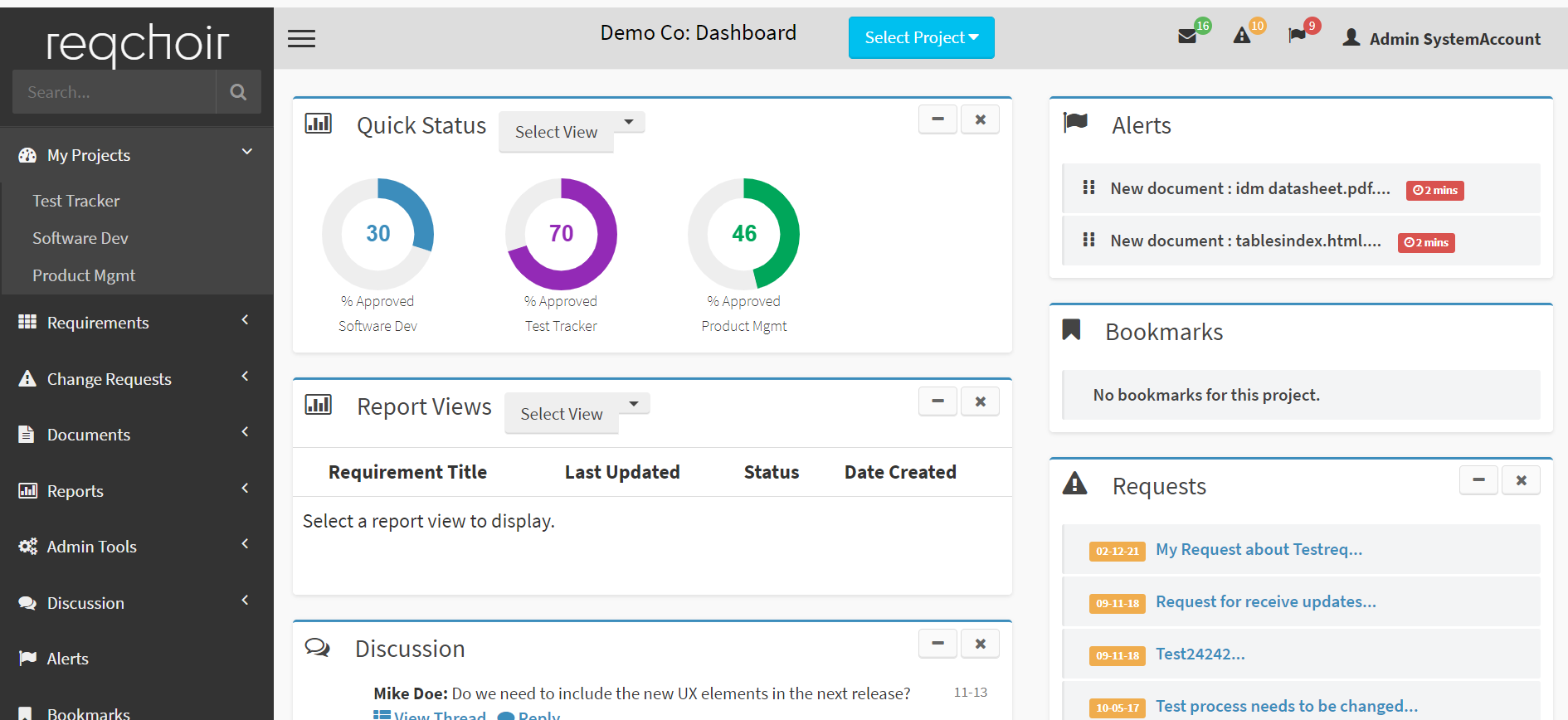 Reqchoir screenshot: Reqchoir dashboard