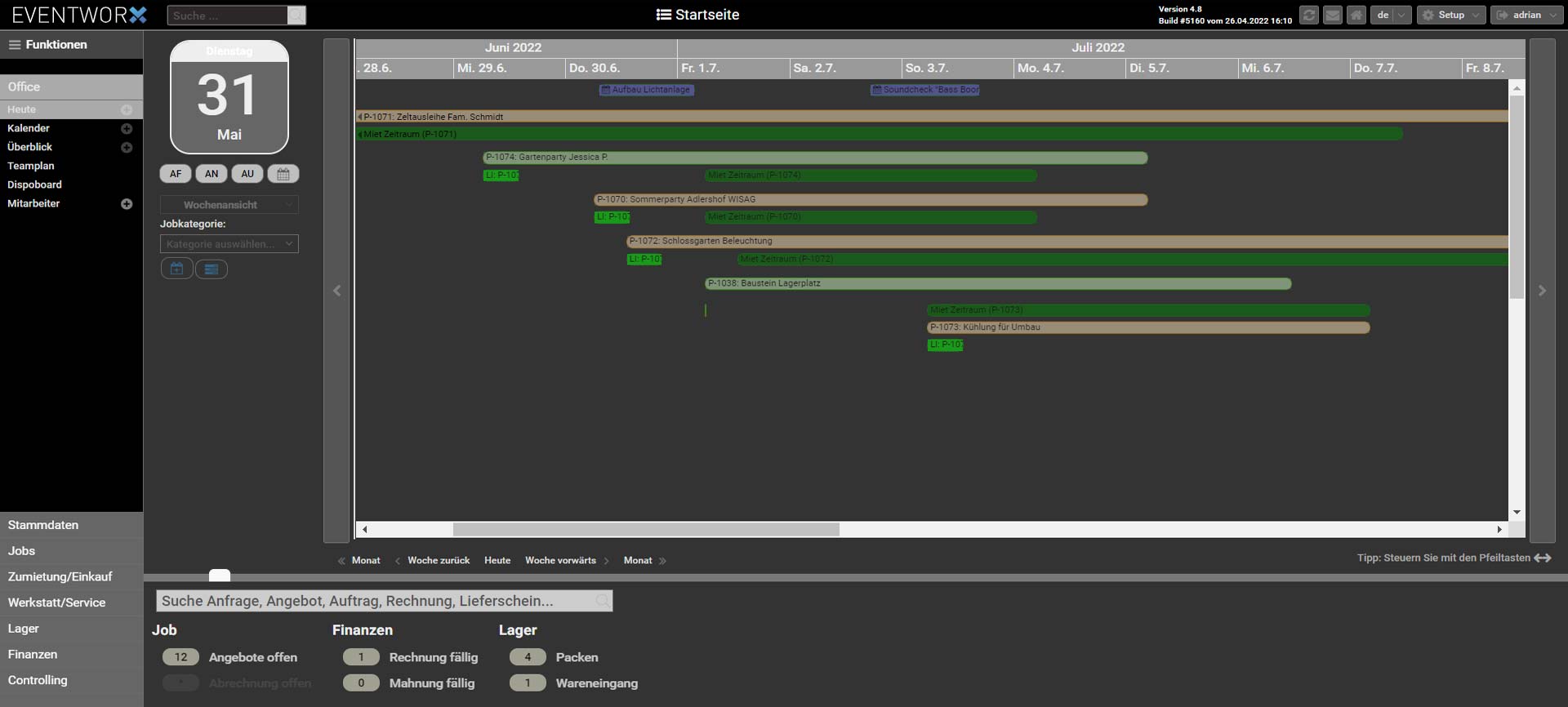 EVENTWORX screenshot: EVENTWORX start page