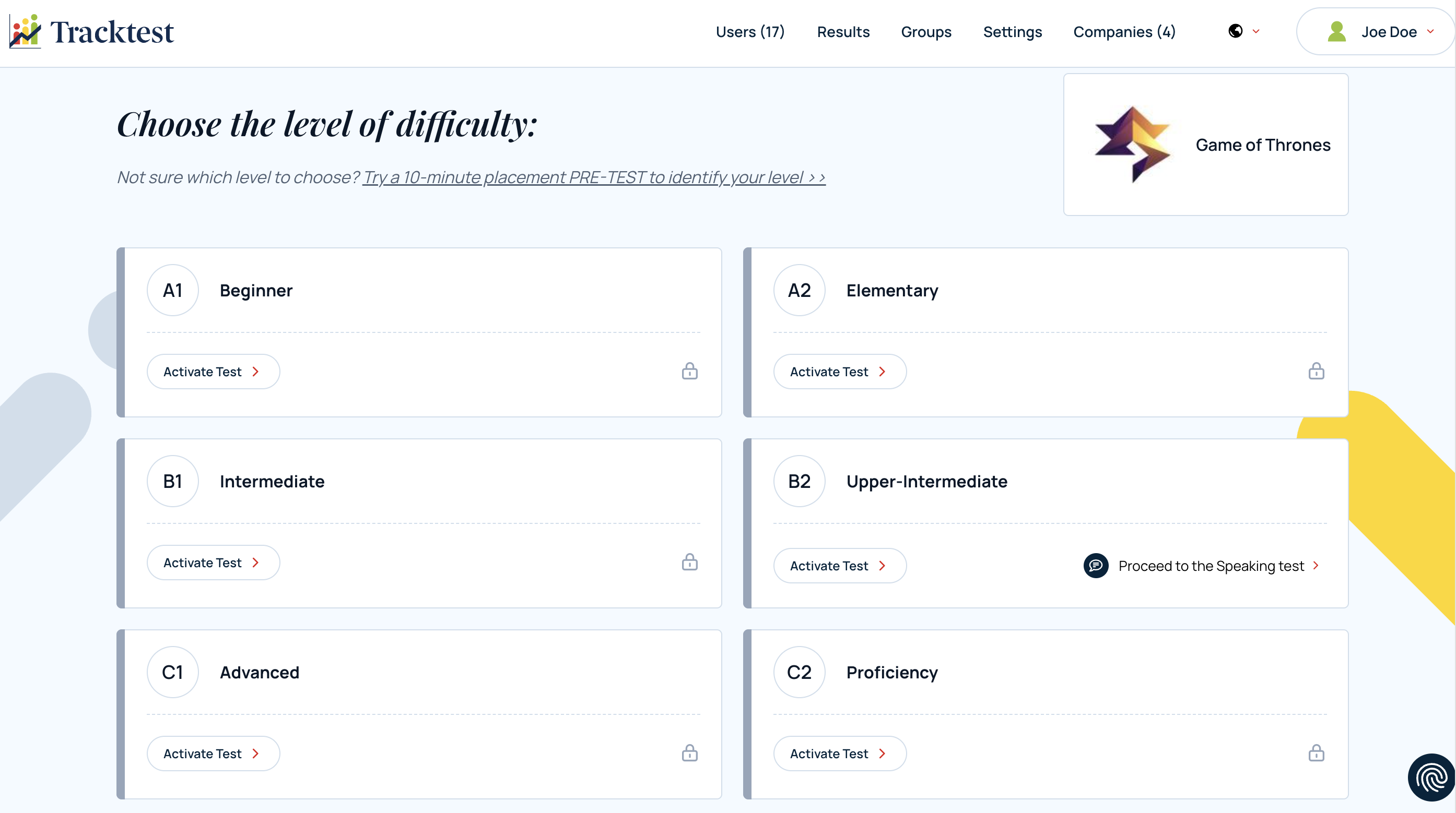 Tracktest screenshot: Tracktest level Test selection