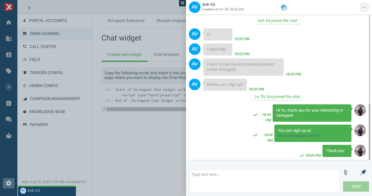 StringeeX screenshot: StringeeX live chat