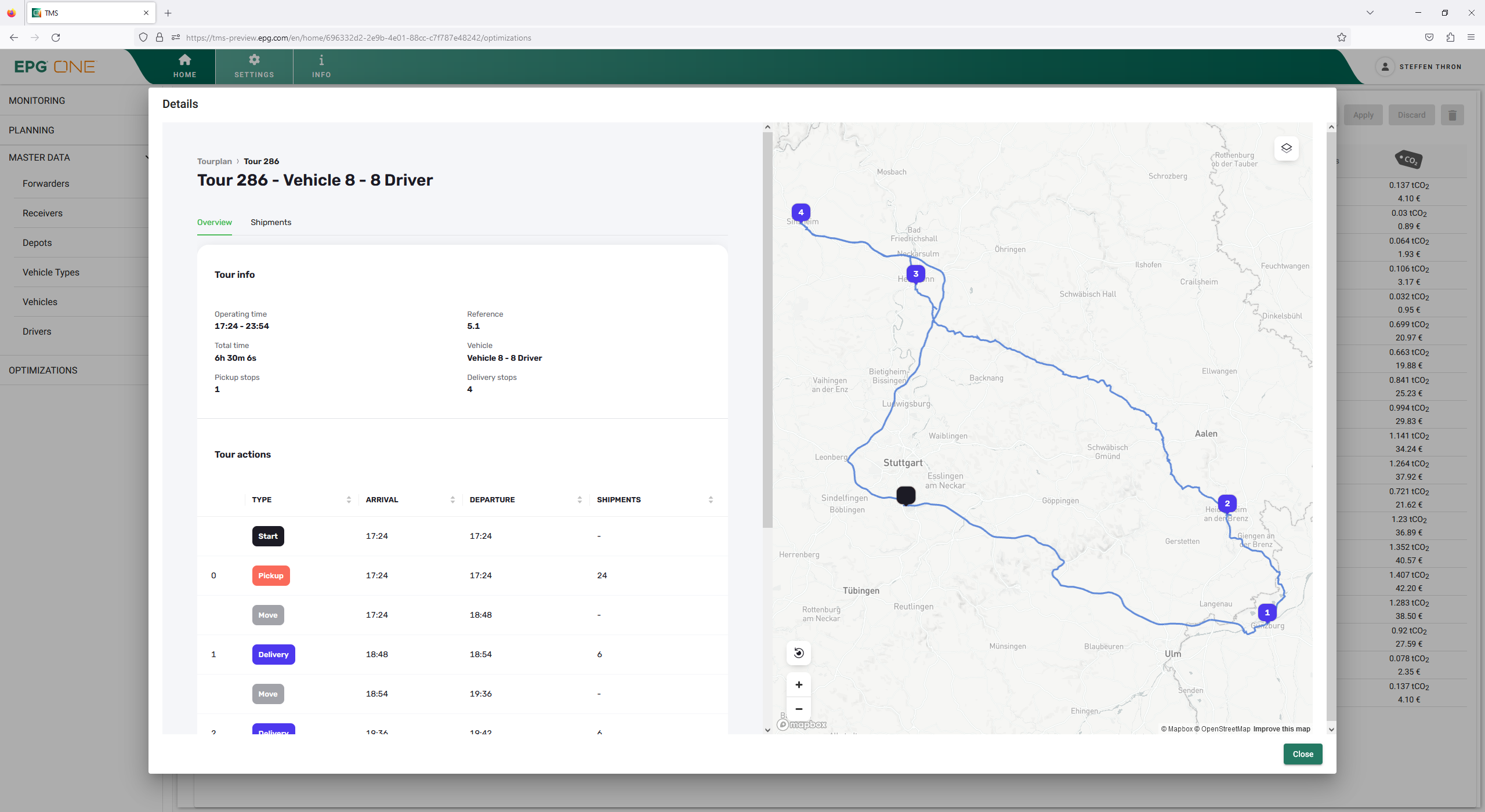 From the overall calculated tour plan, a single vehicle/tour can be selected. It provides an overview of the planned route for a single vehicle on the map, and displays all the actions the driver must perform in the planned sequence & corresponding times