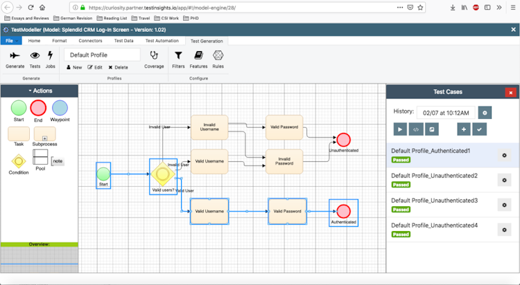 Test Modeller screenshot: Flowcharts are used to generate optimised test cases, data and automated tests. The accurate models are quick to build and easy-to-maintain, using a range of connectors, scanners, and importers.
