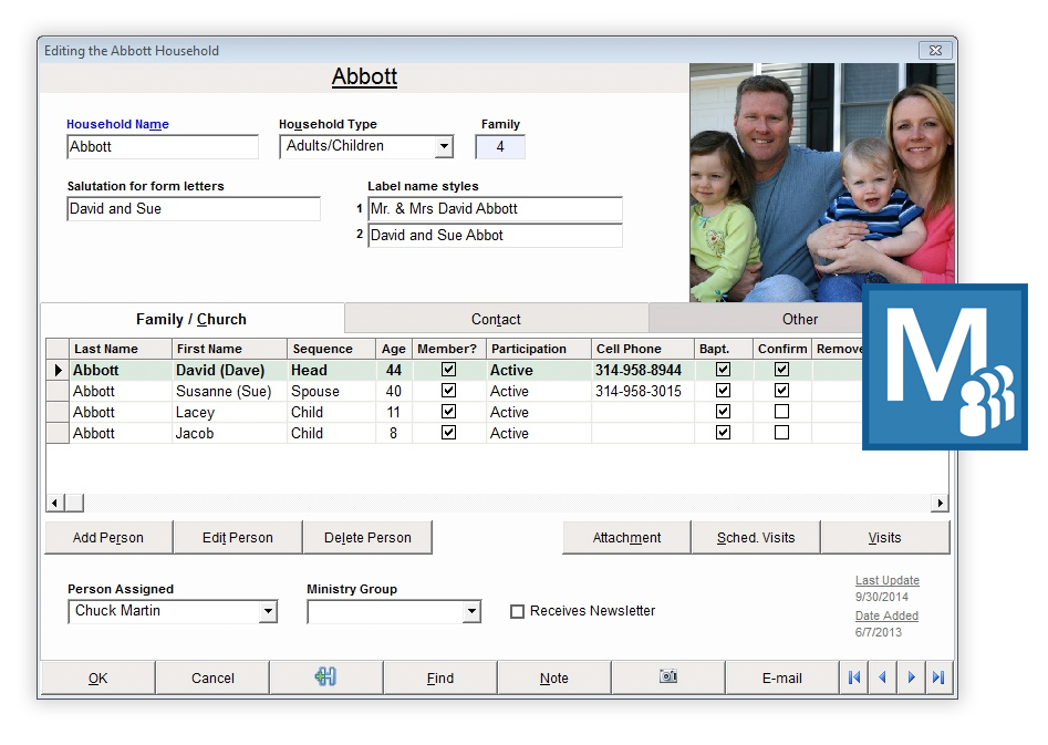 Shepherd's Staff screenshot: Manage multiple emails, addresses, and phone numbers for each member of your congregation. Generate mail merges, mailing labels, intelligent mail barcodes, and useful reports.
