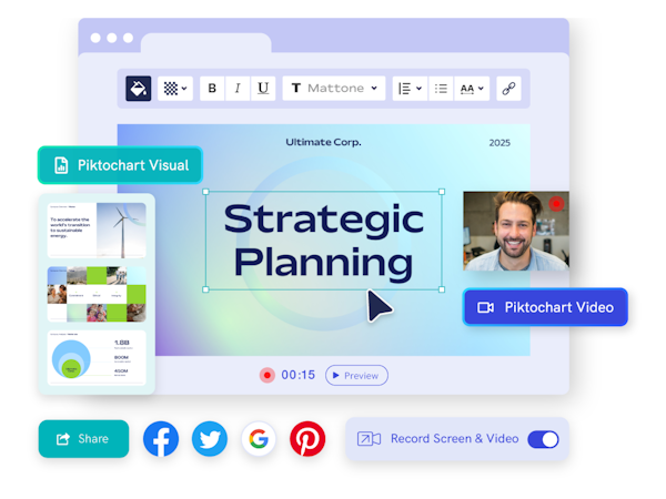 Piktochart screenshot: Piktochart is an all-in-one visual communication platform for creating professional visuals and repurposing video content online.