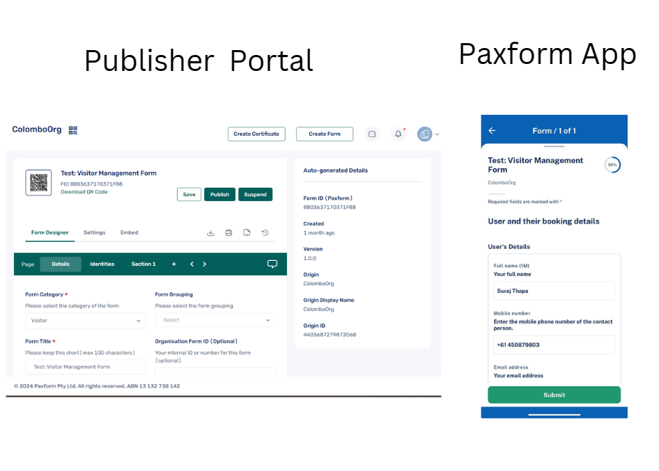 The left-side image shows the Paxform publisher portal for creating customizable forms, while the right-side image shows the Paxform app, which fills forms with user data via QR code scanning.