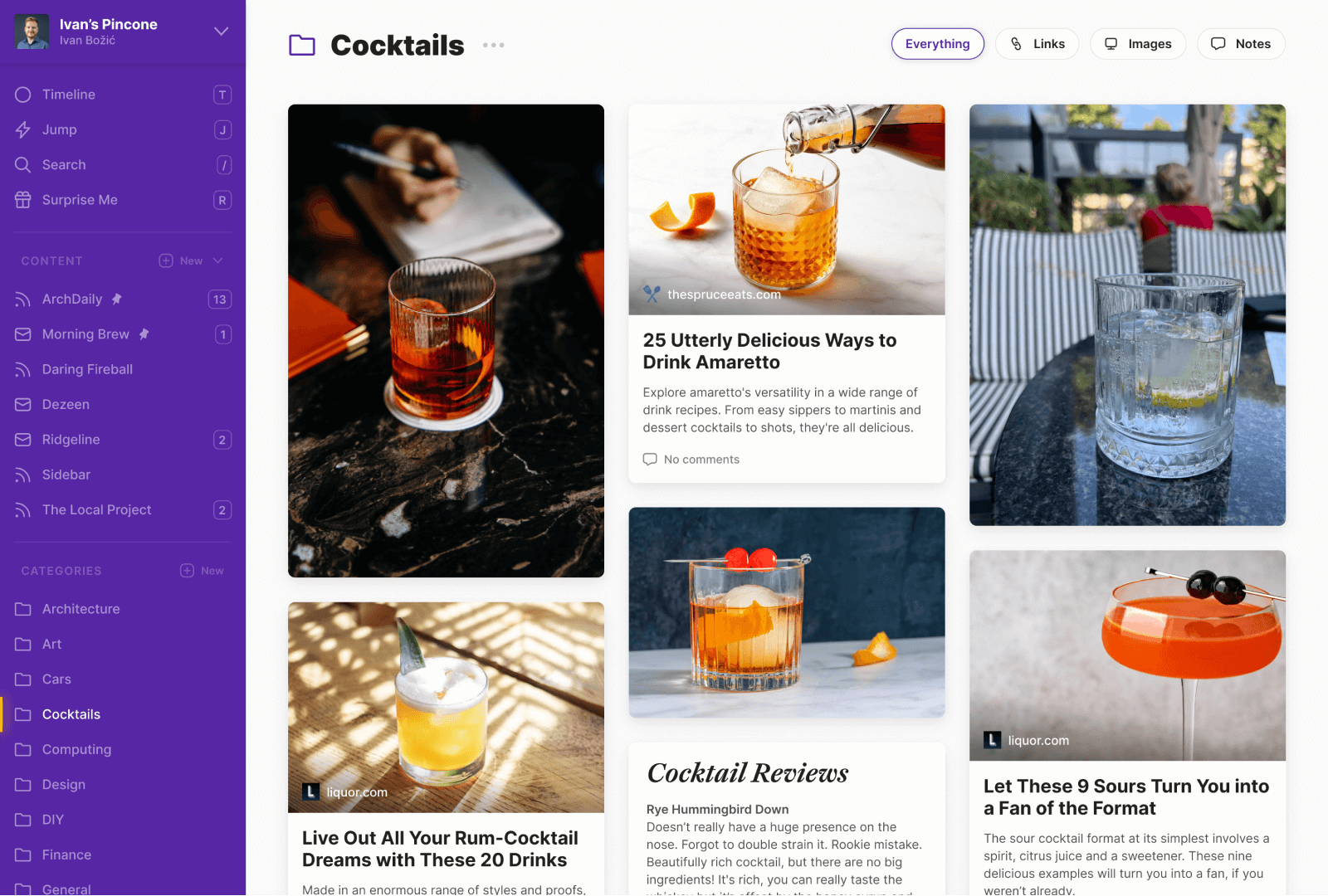 Pincone screenshot: Pincone categories