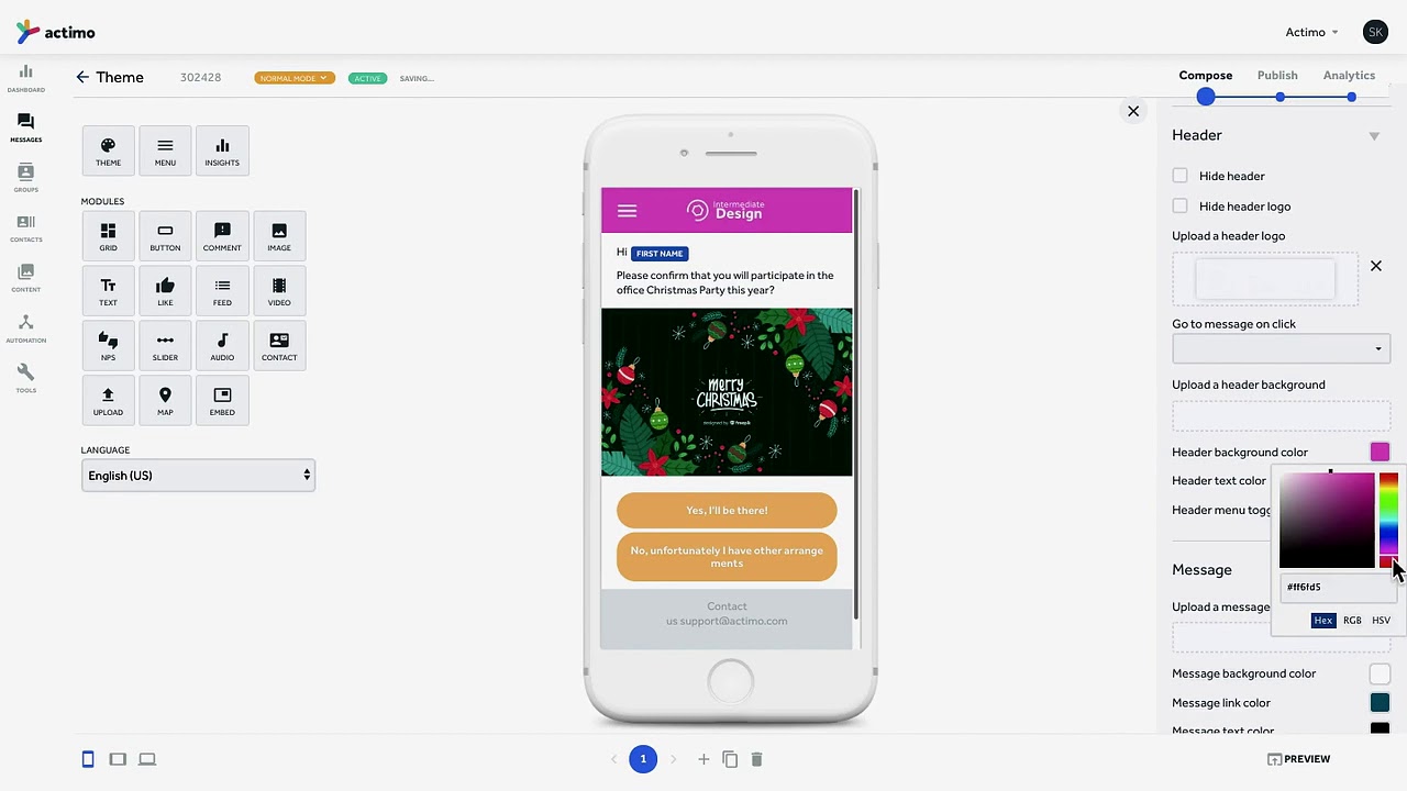 Actimo screenshot: Actimo create message