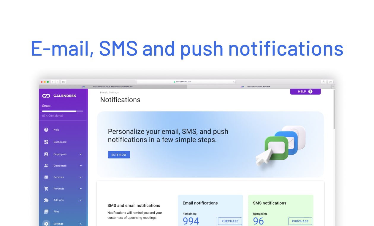 Calendesk Software - E-mail, SMS and push notifications