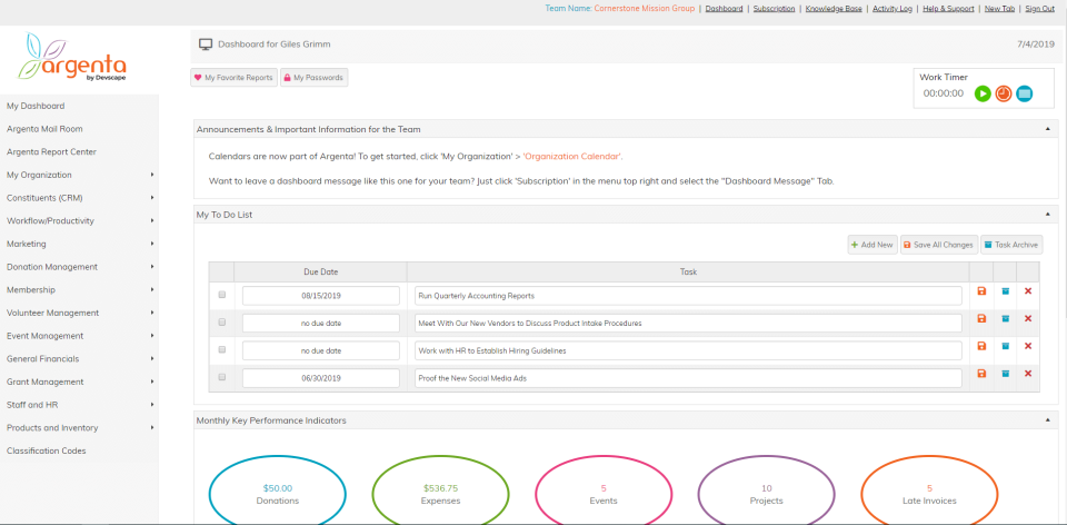 Argenta screenshot: Argenta Software dashboard screenshot