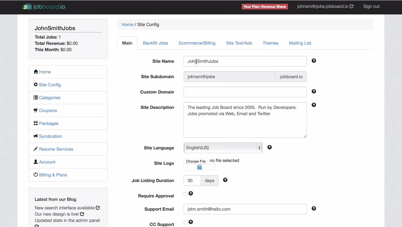 JobBoard.io users can customize their job board by setting the name, description, logo, language and more.