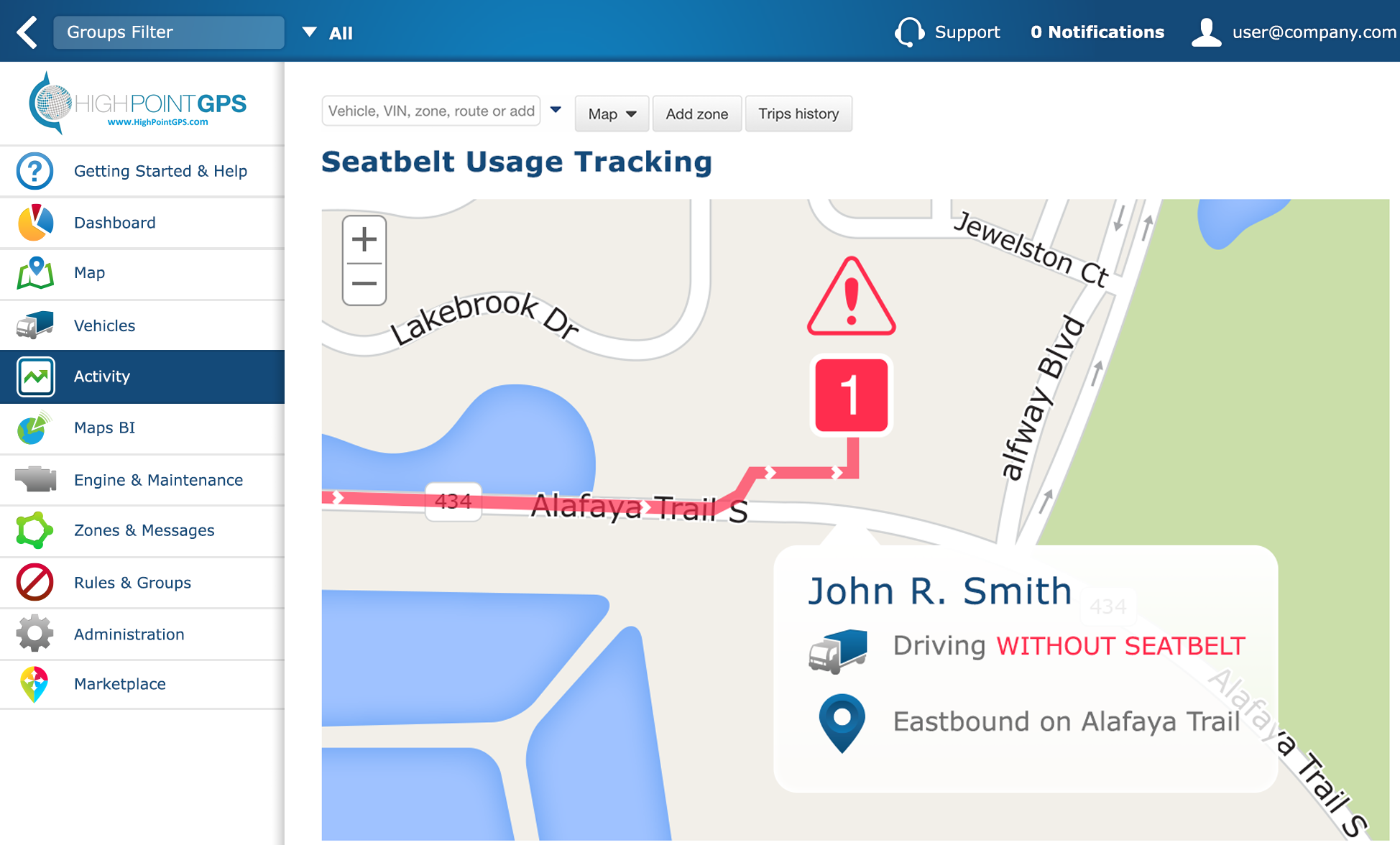 Fleet GPS tracking by High Point GPS seatbelt usage tracking