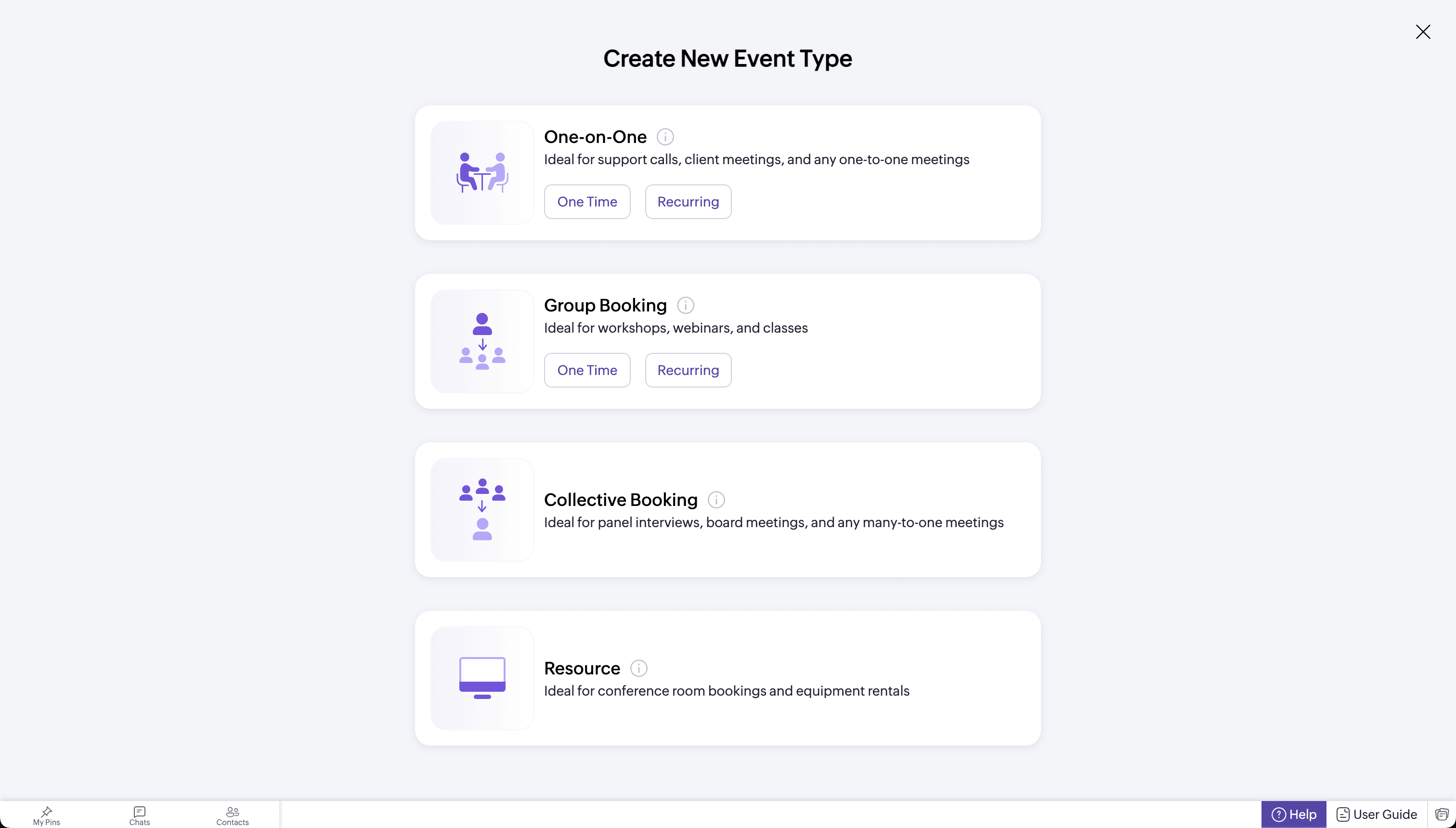Zoho Bookings screenshot: Choose from four different event types when offering appointments.
