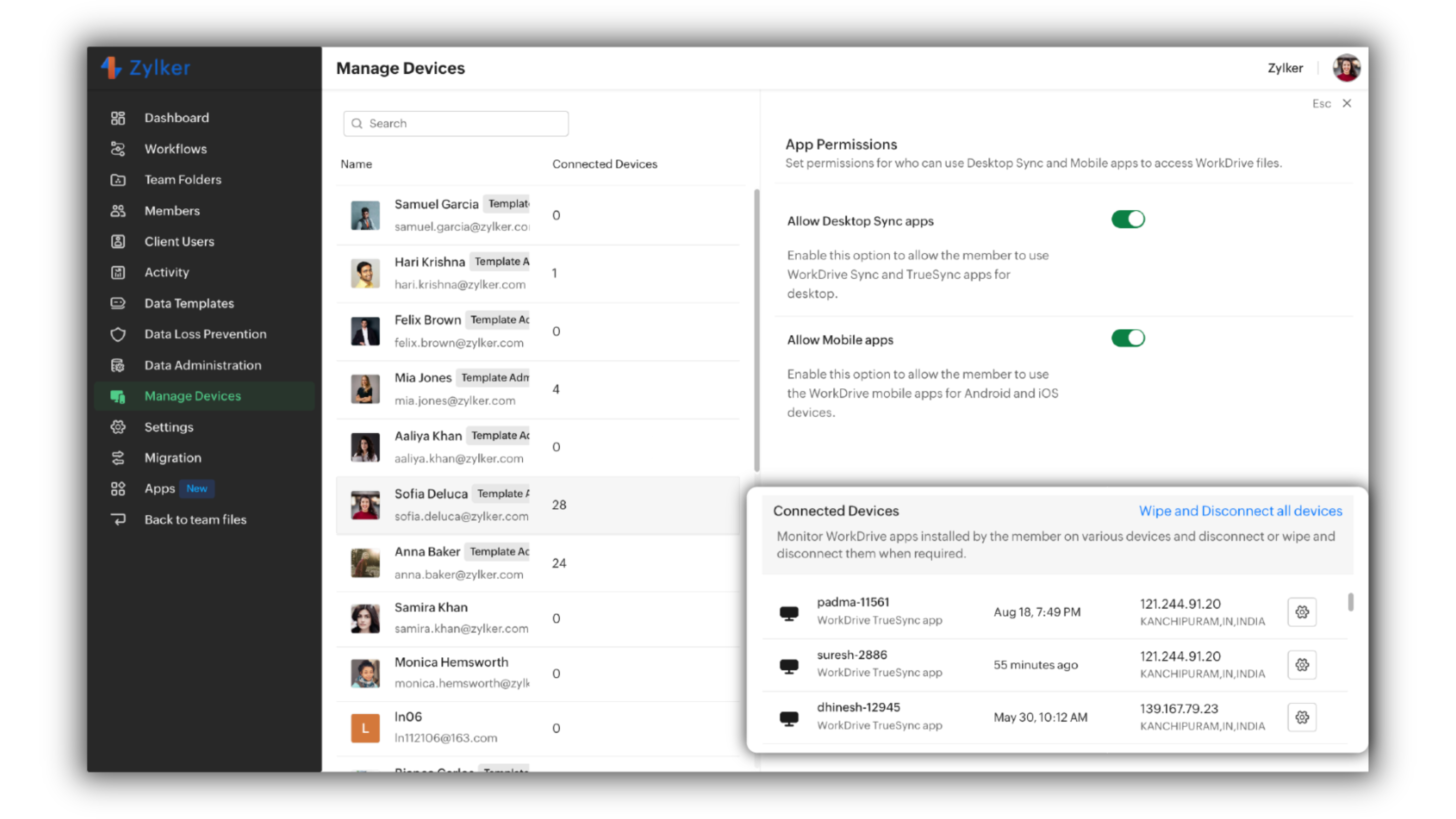 Zoho WorkDrive Software - Control desktop and mobile app access, monitor device activity via TrueSync, and manage device-level sync preferences—ensuring secure multi-device use.