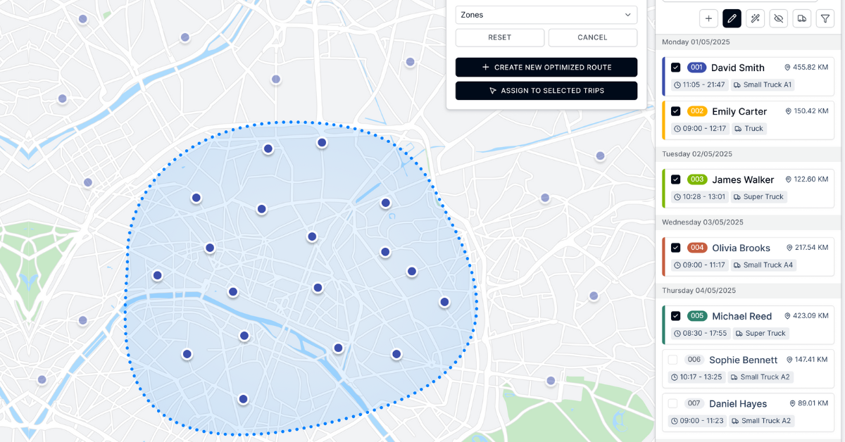 Dropon Software - Dropon's planning interface showing a city map with a selected zone and multiple delivery points. The sidebar lists drivers, their routes, times, distances, and vehicle types. Route optimization and assignment options are available.