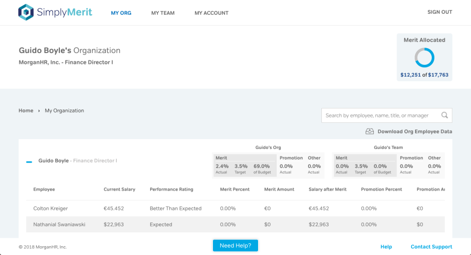 SimplyMerit Software - SimplyMerit promises to give HR departments and managers a comprehensive level of visibility into the compensation process, showing here searchable employee data for a particular organization