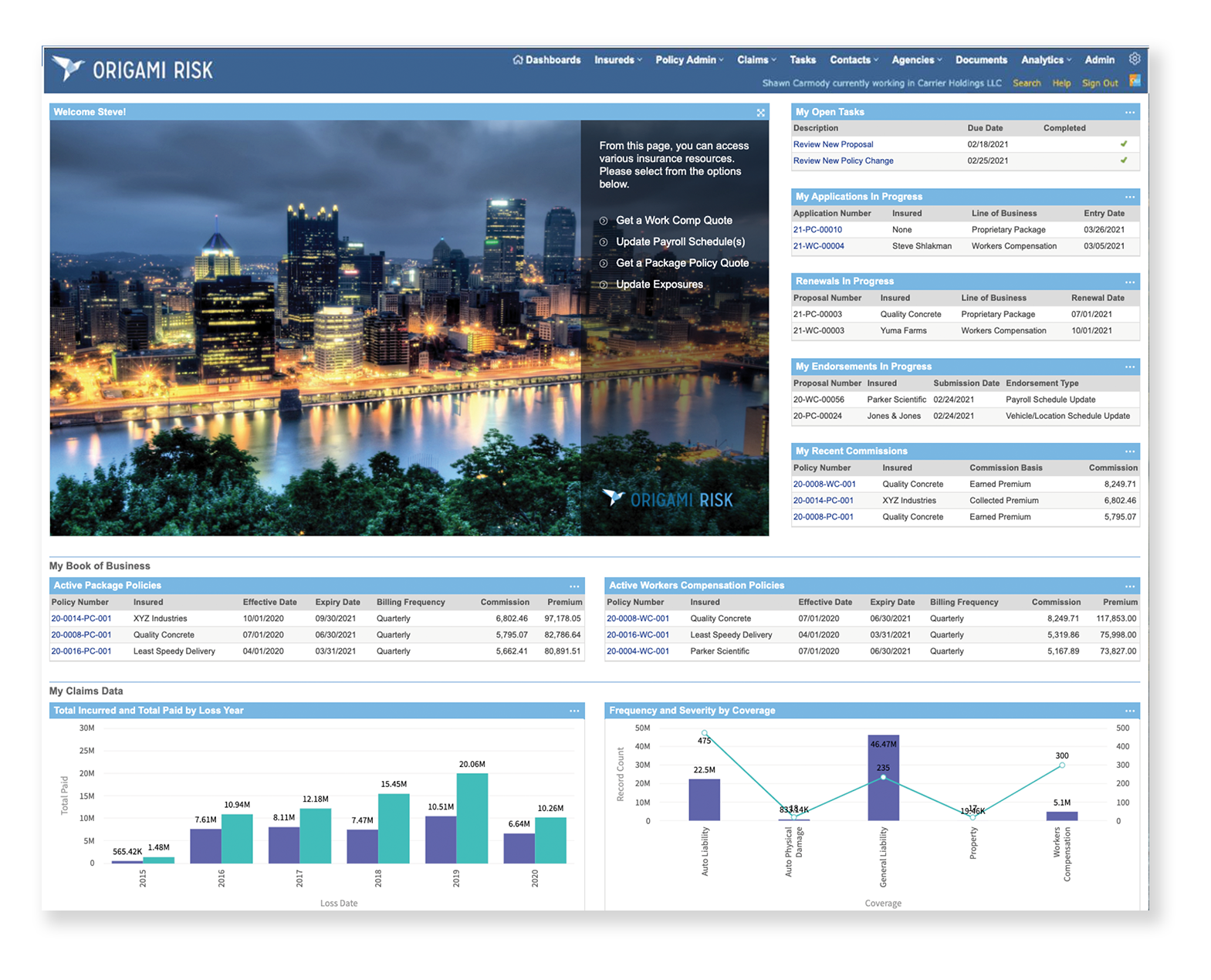 Origami Risk for P&C Insurance Software - Core Solution Agent Portal Dashboard for Policy Administration