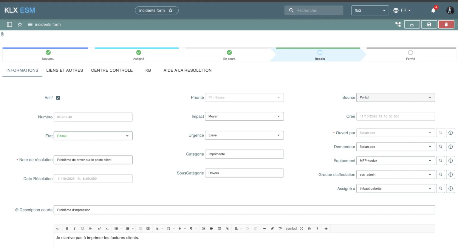 KLX ESM screenshot: KLX ESM incidents