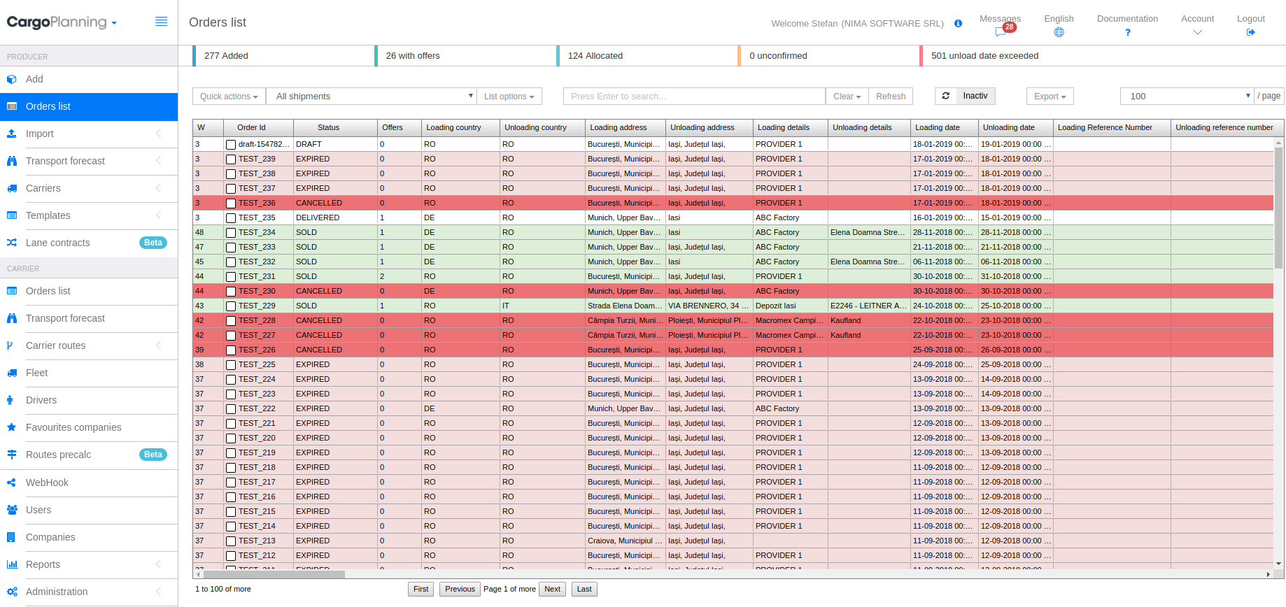CargoPlanning screenshot: Check the shipments list