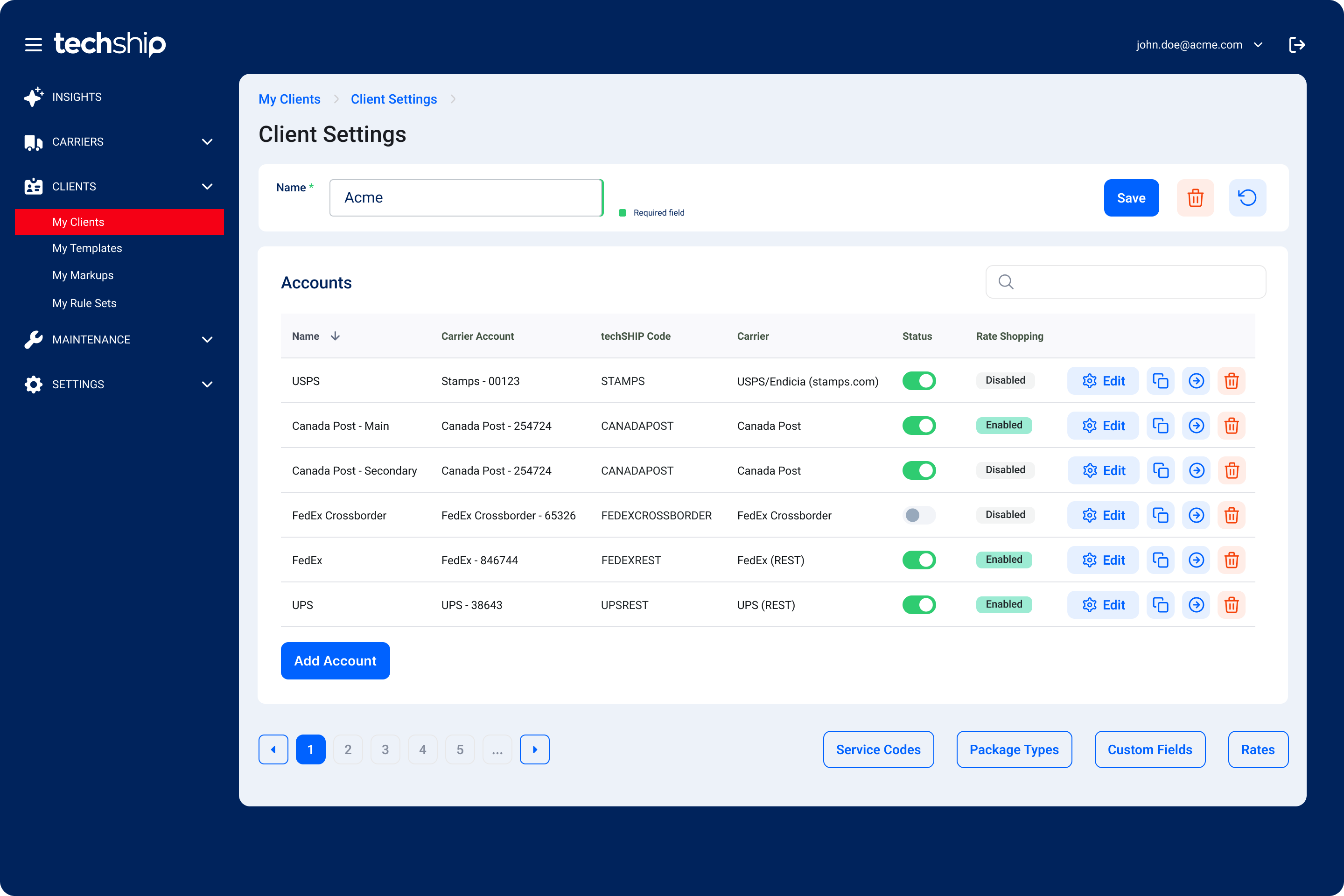 techSHIP screenshot: Client Settings screen: Manage multiple client accounts and enable/disable rate shopping.