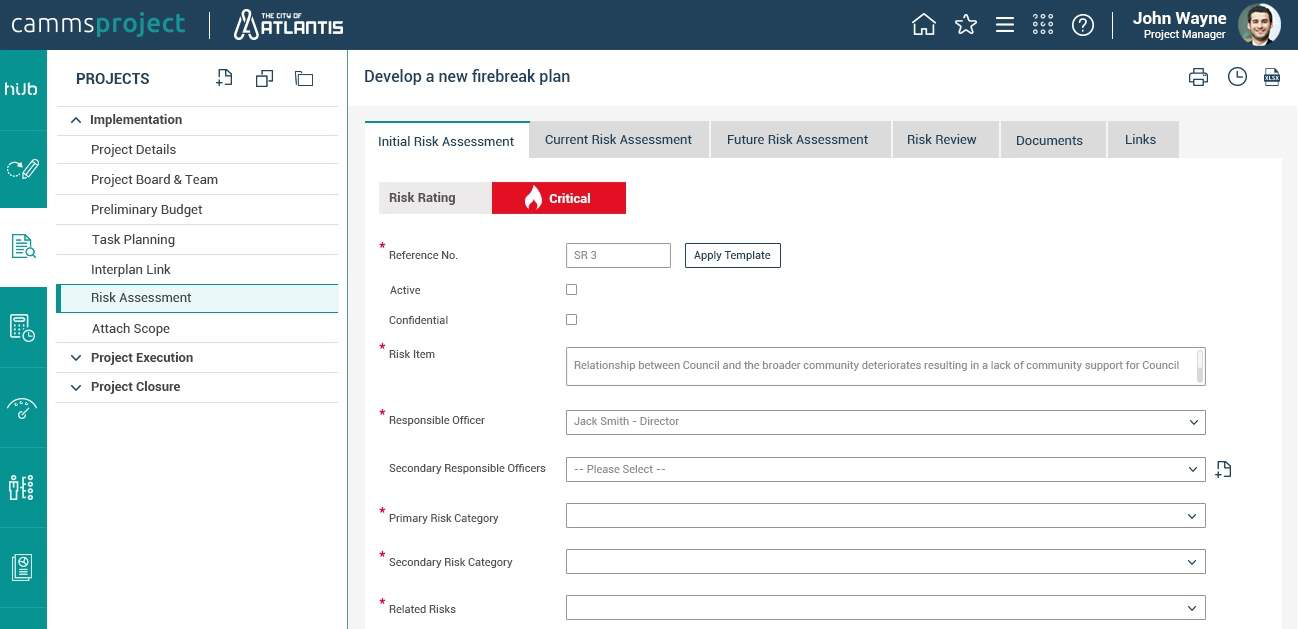 Camms.Project Software - The system allows risks to be identified when a project is created, monitoring and mitigating them throughout the lifecycle