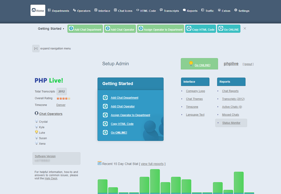 PHP Live! Software - Add departments, operators and customize the platform via the setup admin page
