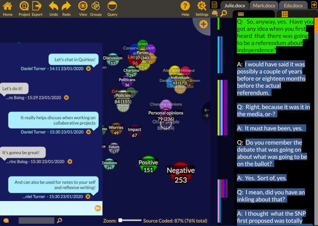 Quirkos Cloud allows for real-time collaboration with integrated chat