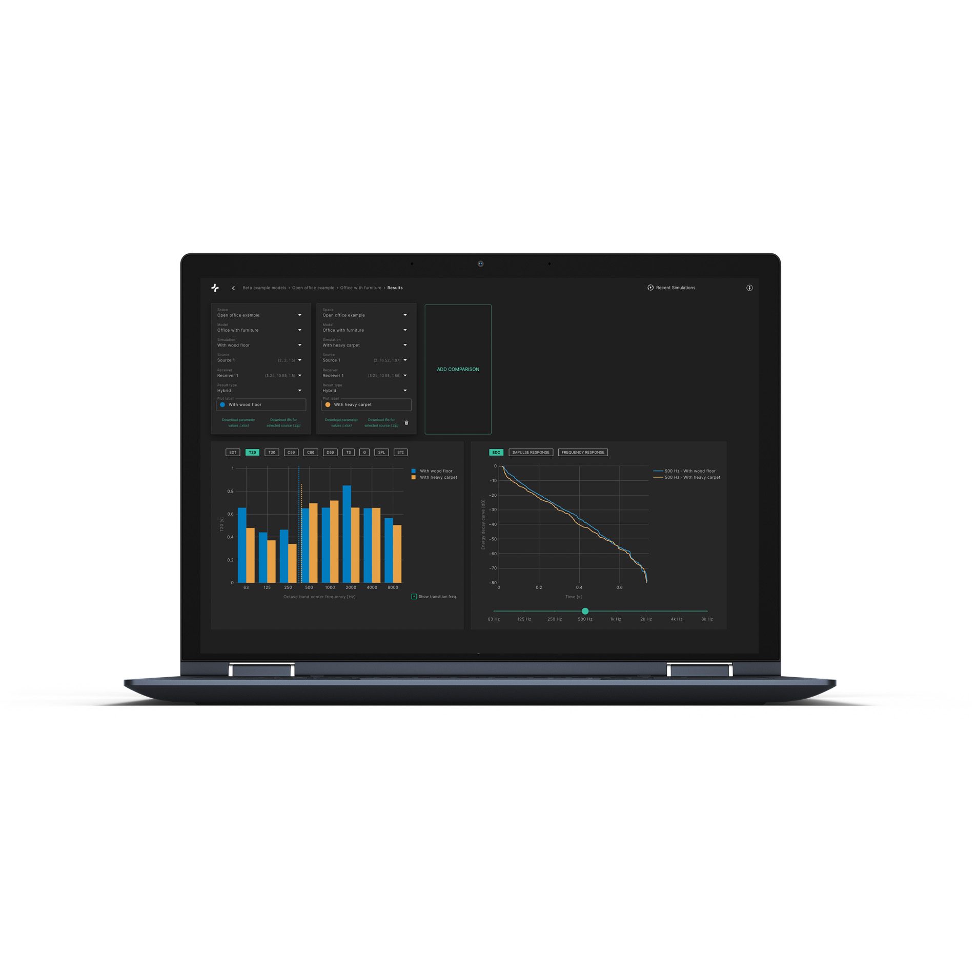 Analyse a wide variety of acoustic parameters as well as highly accurate impulse responses and frequency responses. Study the spatial distribution of sound and acoustic parameters with colormaps.