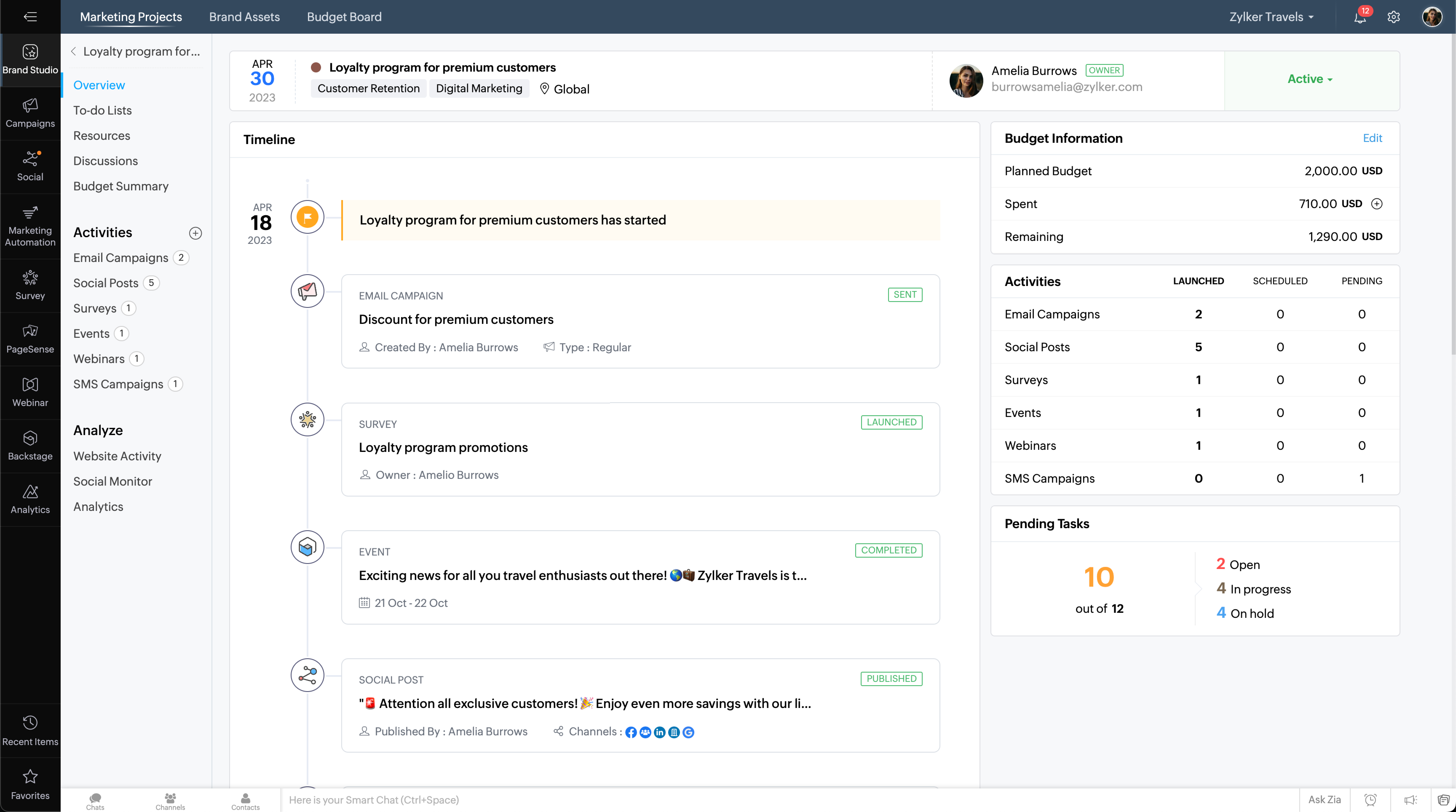 Zoho Marketing Plus screenshot: Brand Studio - A unified space to create, execute, measure, and manage omnichannel campaigns.