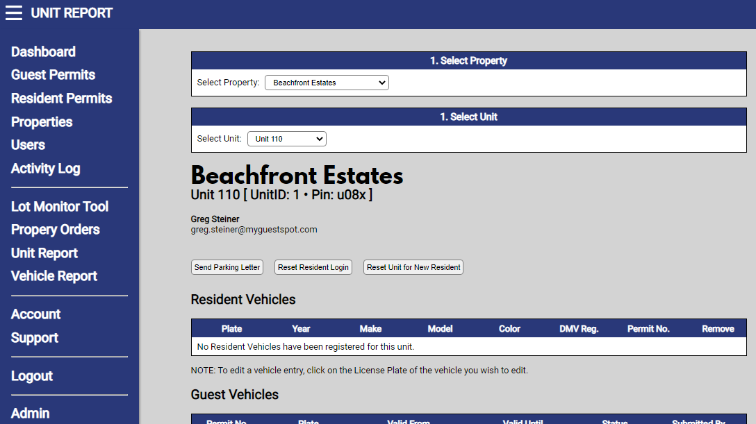 MGS is fully mobile and lets you see unit owners vehicle and parking history at a glance.  Also in place are tools to assist owners in managing their own parking including buttons to re-set accounts for new owners or renters and for lost passwords.