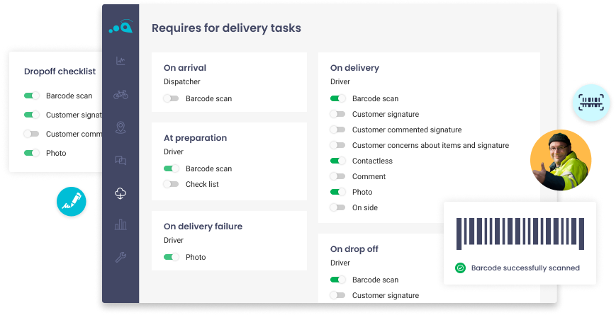 Configure your delivery flows without coding and require your drivers or carriers to follow specific steps during the delivery process.
