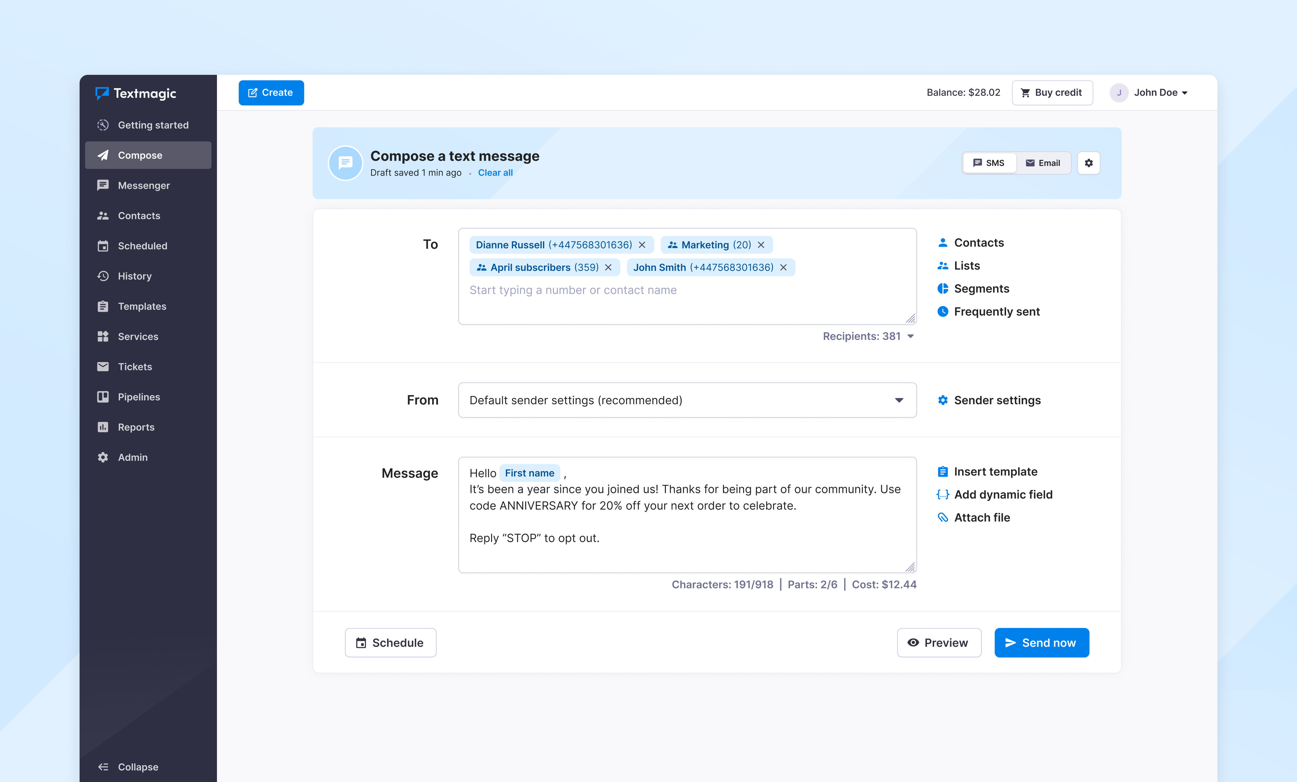 Textmagic screenshot: Textmagic text message composer