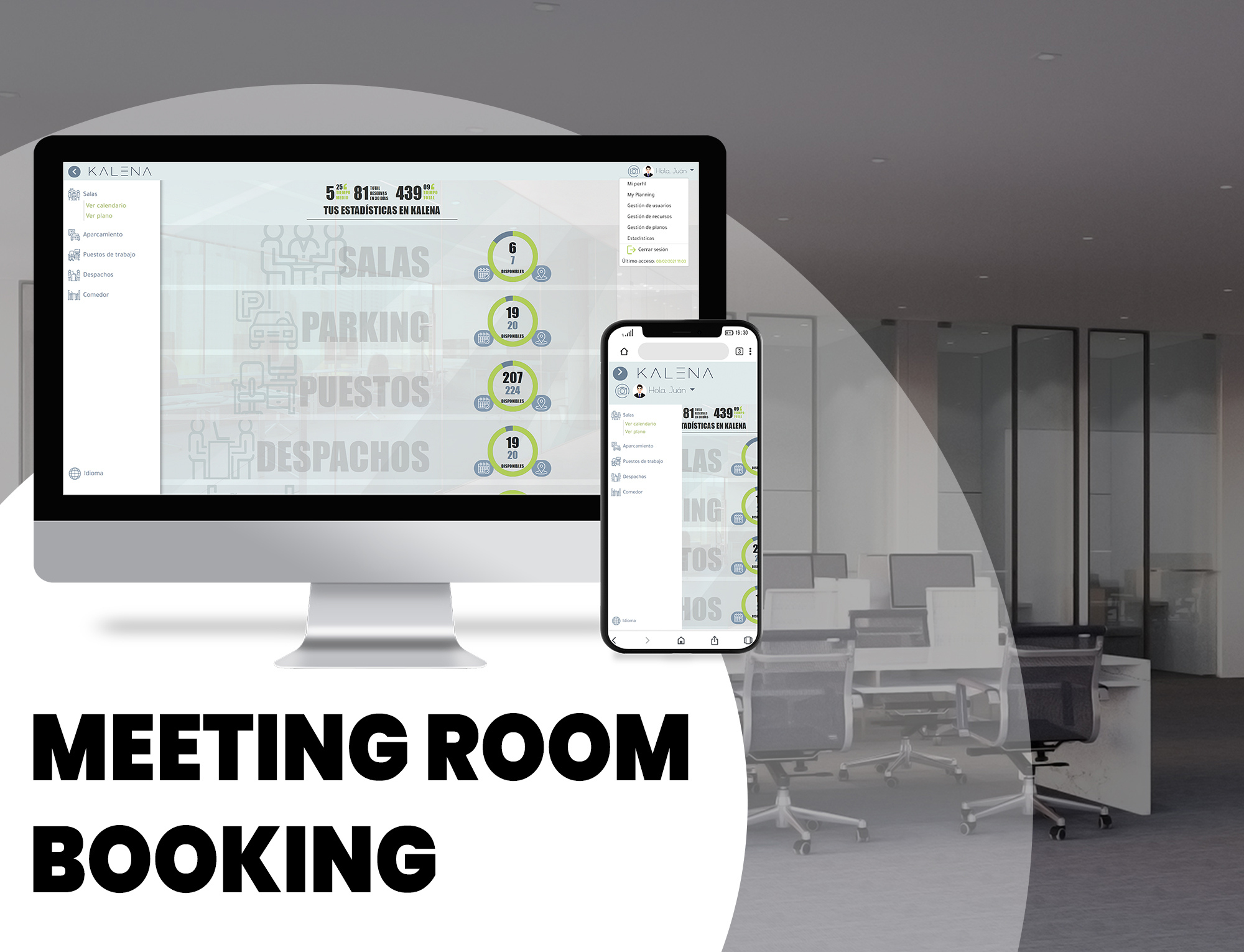 KALENA is a software solution for schedule the booking of your company's corporate spaces and resources, such as meeting rooms, workspaces and parking spaces.