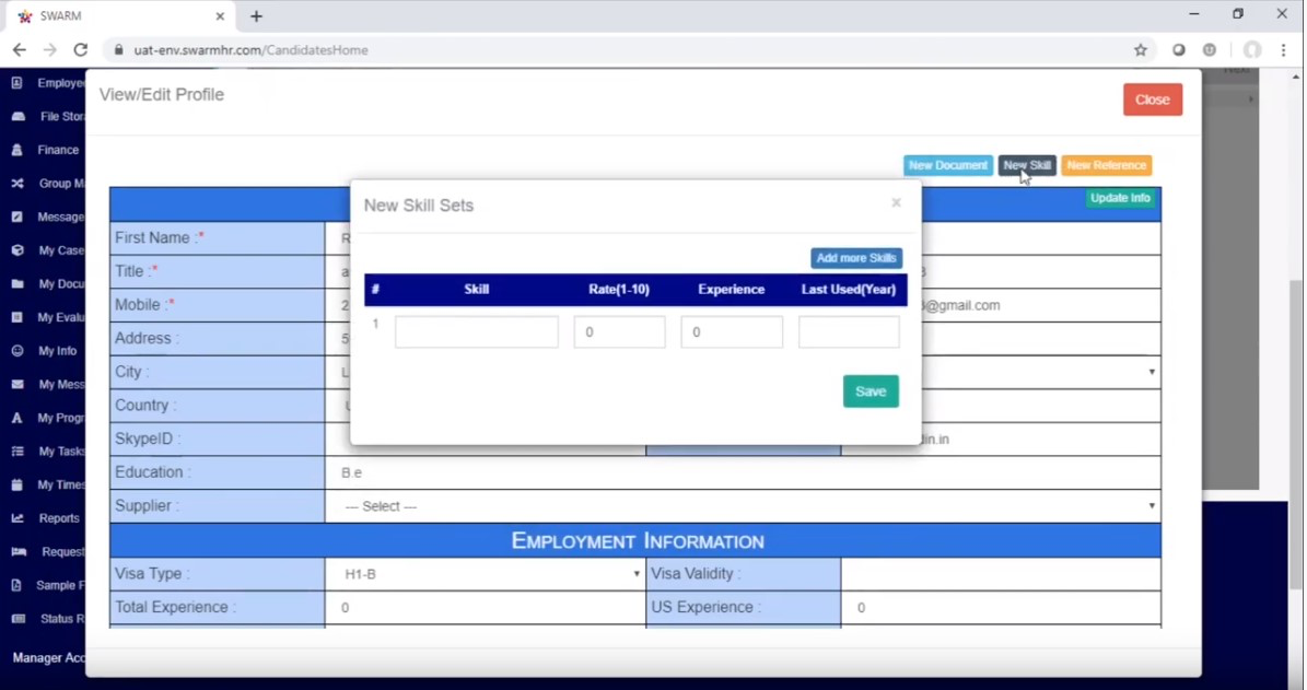 SWARMHR screenshot: SWARMHR employee profile creation