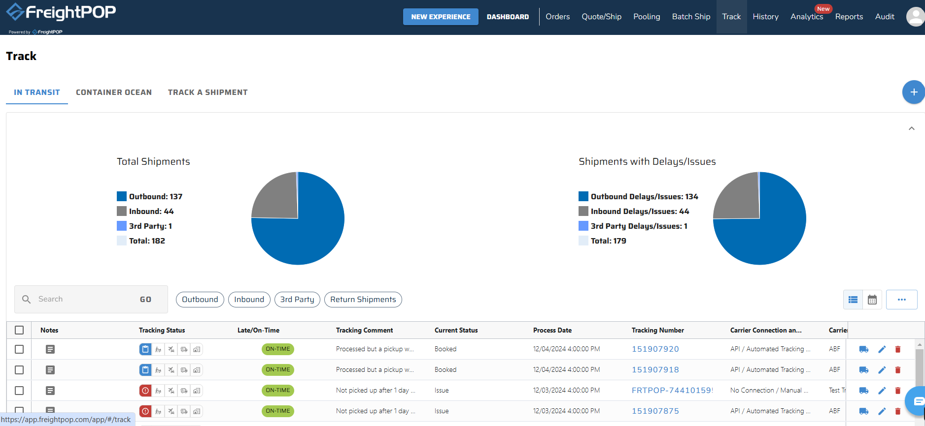 FreightPOP Software - In-Transit Tracking: FreightPOP’s in-transit tracking provides real-time updates on shipment locations and progress. Monitor ETAs, routes, and status updates to ensure smooth deliveries and proactive issue resolution.