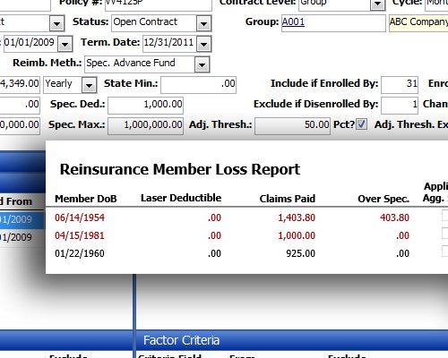 Virtual Benefits Administrator reinsurance screenshot.