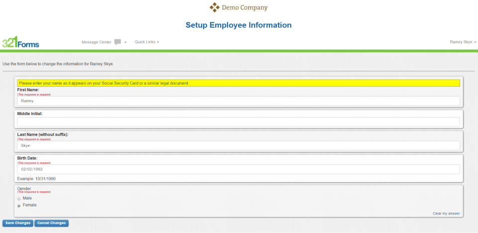 321Forms Software - The onboarding wizard ensures that employees can only progress through the onboarding process when required fields are completed