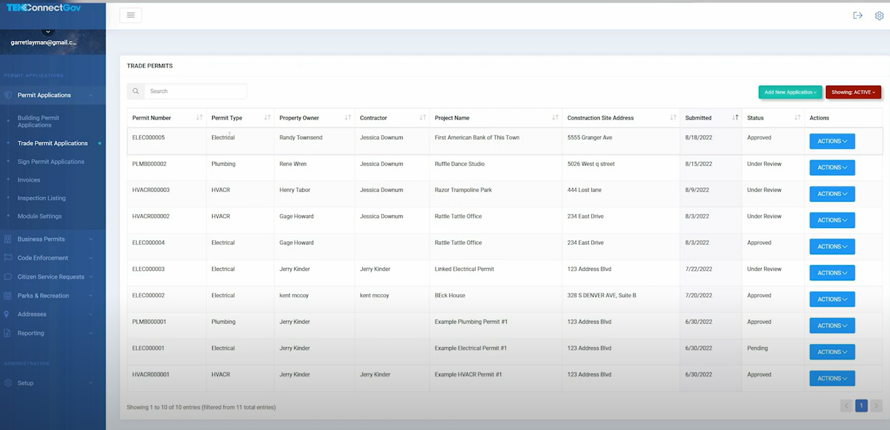 TEKConnectGov screenshot: TEKConnectGov permits