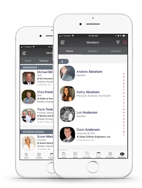 GroupFire screenshot: Use the centralized directory to browse, search and filter contacts by name, industry, location or custom group