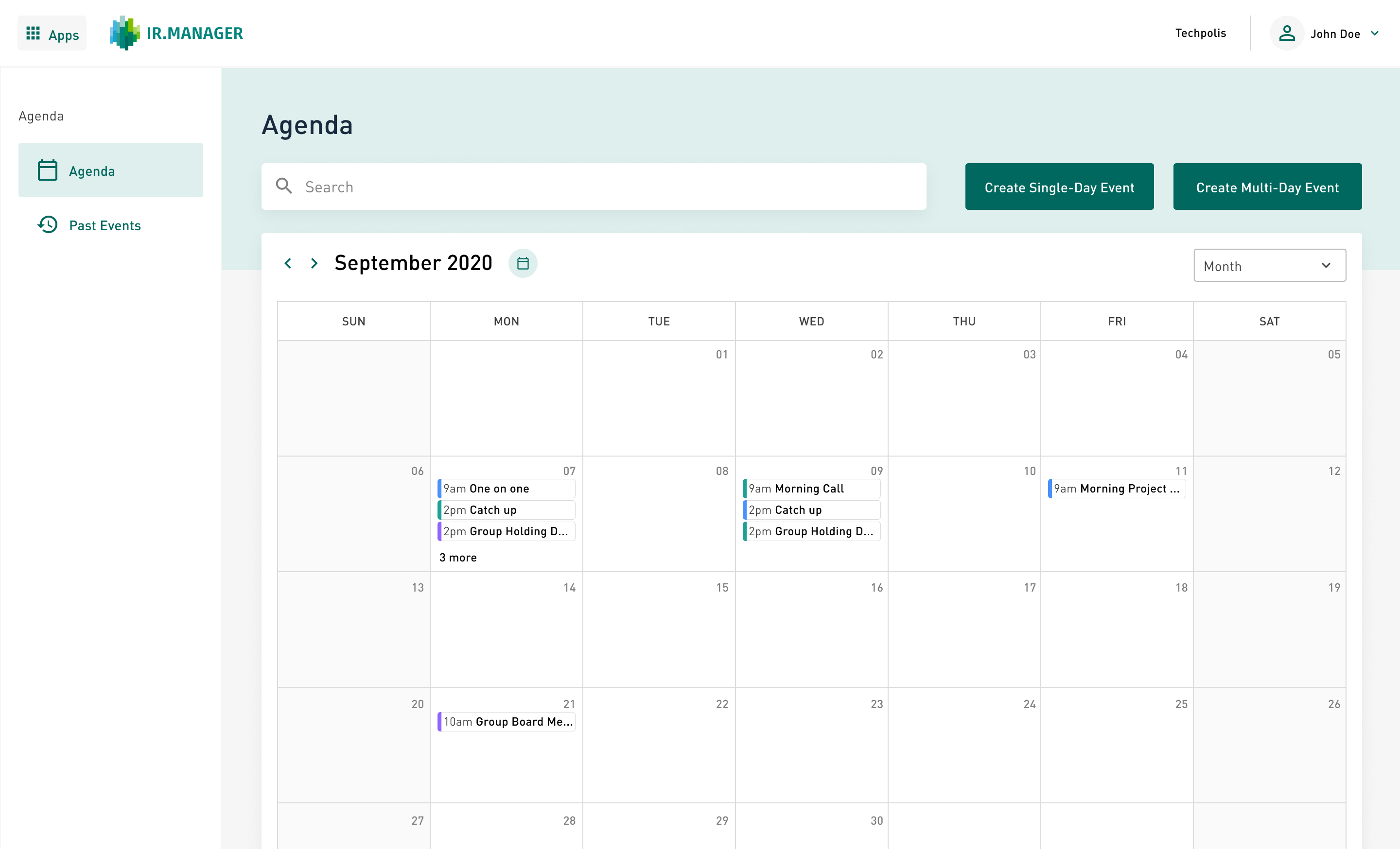 Agenda and calendar page for upcoming meetings and events