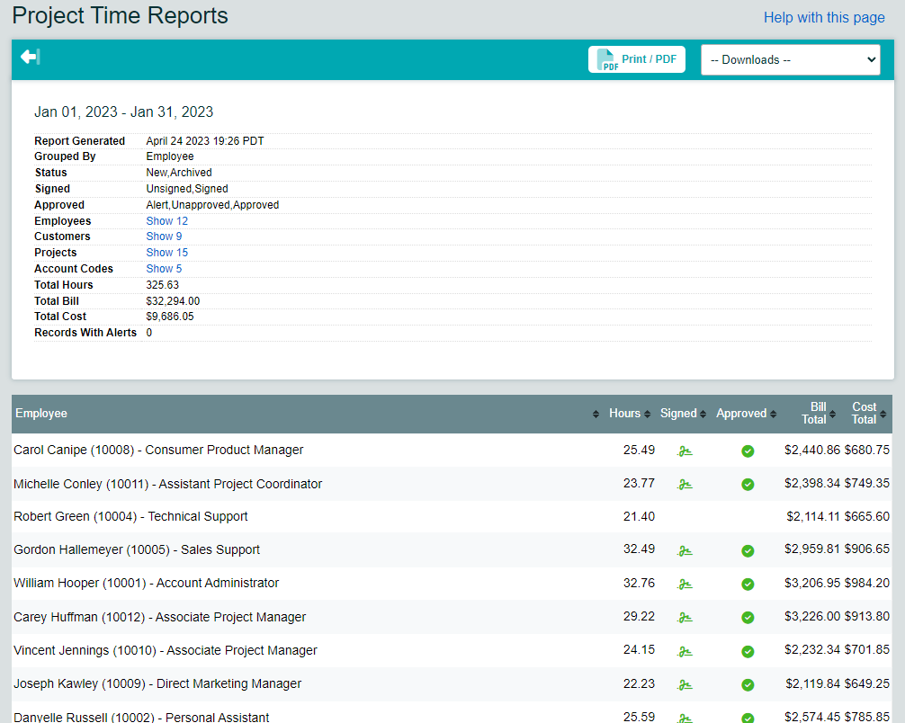 Timesheets.com Software - Billable Time Report in Summary Format, Grouped by User